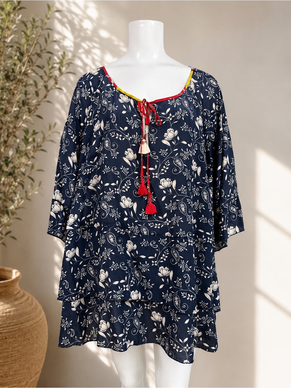 Johnny Was Jade 100% Silk Floral Tunic 2X Paisley Tiered Tassel Boho Blouse